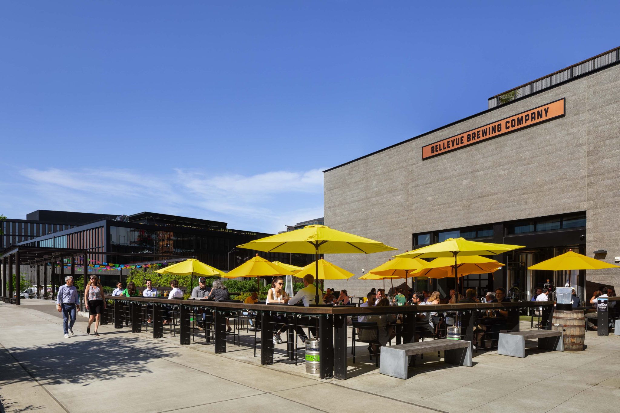 The Spring District brewpub exterior with outdoor seating, Bellevue